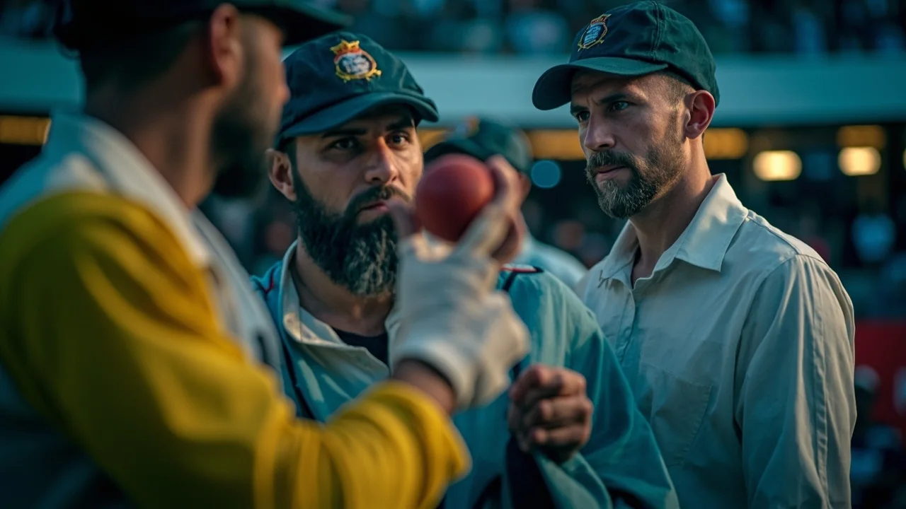 Medium editorial frame of a captain and wicket-keeper discussing field placement between overs, used as the tactical-detail visual inside the fantasy cricket team selection explainer
