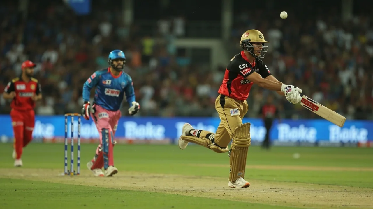 Wide view of a floodlit IPL stadium with packed stands and the playing field in the foreground