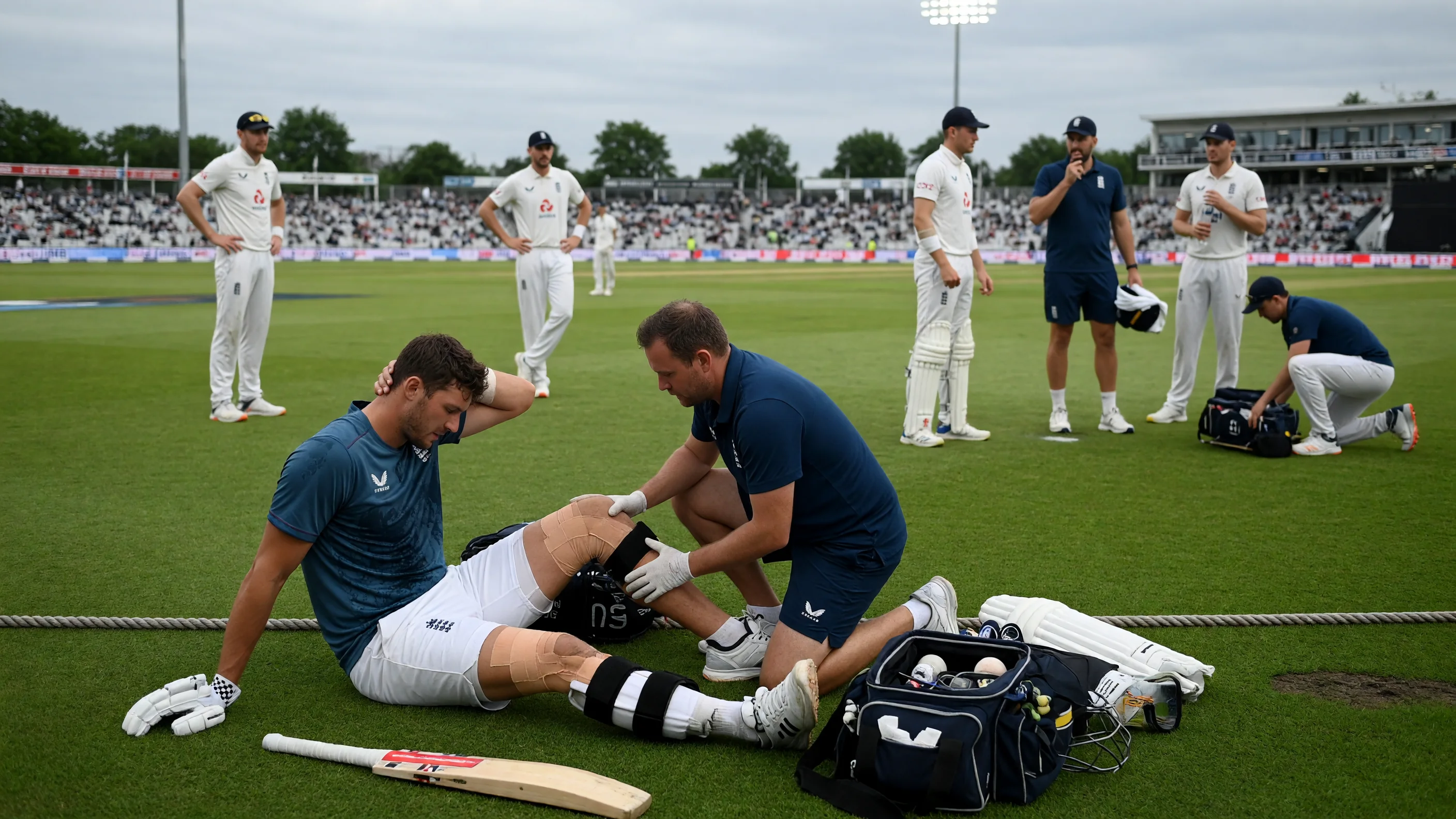Players and staff in a tactical field discussion during a professional cricket match