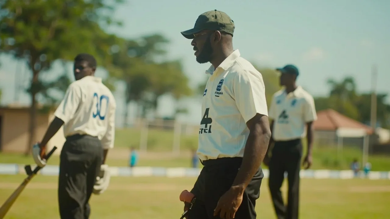Young Tanzania cricketers in training kit gathered near the TCA Cricket Arena pitch in the build-up to an ICC Under-19 fixture